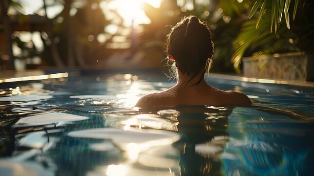 A woman enjoys the tranquil pool at a luxurious resort, basking in the sun's warmth.