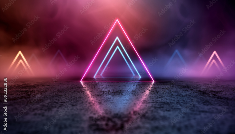 Poster futuristic neon triangles emit vibrant light, creating a surreal atmosphere that blends colors with 