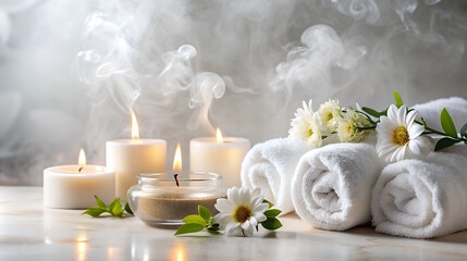 luxurious spa background with candles, rolled towels, and flowers on smoke background, relaxation and wellness concept for spa retreats and beauty salons