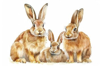 Fototapeta premium Mother hare and two kits in watercolor on white background. Children's Book Illustration