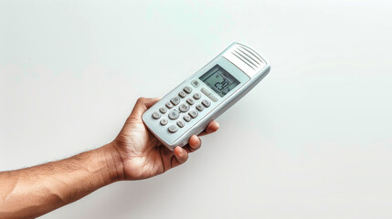 A close-up of a hand holding a white remote control for a climate system, against a clean white backdrop