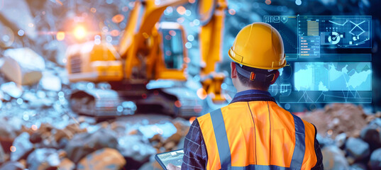 A construction engineer wearing a hard hat and safety vest stands in front of a digital twin interface, overseeing construction work at a site with large rocks and machinery