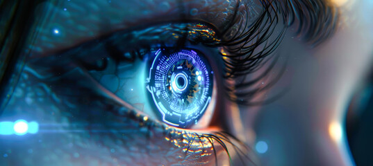 A futuristic eye with a glowing blue digital interface, symbolizing advanced vision and the convergence of technology and humanity
