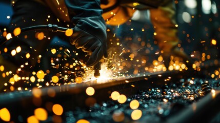 Close-up of Worker Welding with Sparks Flying. Worker's day, Labour Day.

