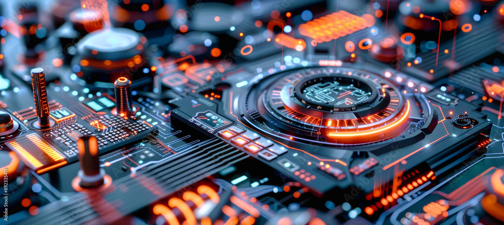 Poster a close-up view of a futuristic circuit board, with intricate mechanisms, holographic data projectio