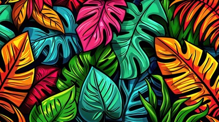 Animated image of tropical plants with bright colors and bold outlines, perfect for wallpapers and textile designs. Background with tropical leaves