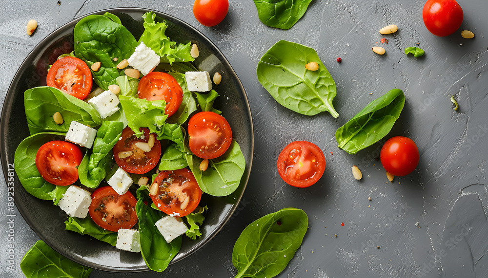 Canvas Prints dietary salad with tomatoes, feta, lettuce, spinach and pine nuts. top view. flat lay