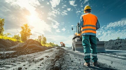 Road Construction Worker Supervising Paving Project. Worker's day, Labour Day.
