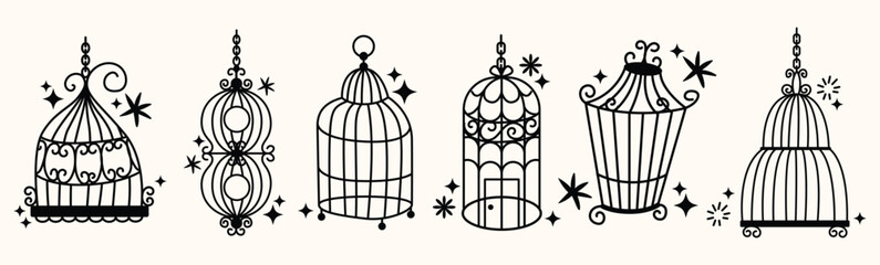 Set of different outlined cages. Line art ornamental bird cages collection, metal animal transport handing cages. Vector modern illustration isolated on background