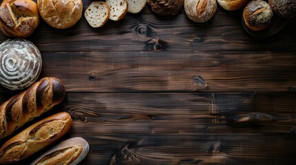 Variety of freshly baked bread displayed on dark wood surface Overhead perspective with empty area