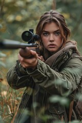 Fototapeta premium Girl hunter with an aimed rifle in the forest hunting for a hunted animal