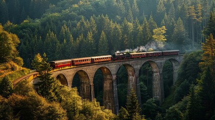 An ancient stone bridge carries trains across a valley in Germany's Black Forest.