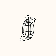 Set of different outlined cages. Line art ornamental bird cages collection, metal animal transport handing cages. Vector modern illustration isolated on background