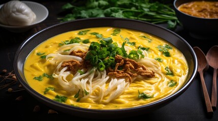 Yellow curry soup with noodles, green onions, and garnish. Perfect for food blogs, restaurant menus, recipe books, and culinary websites.