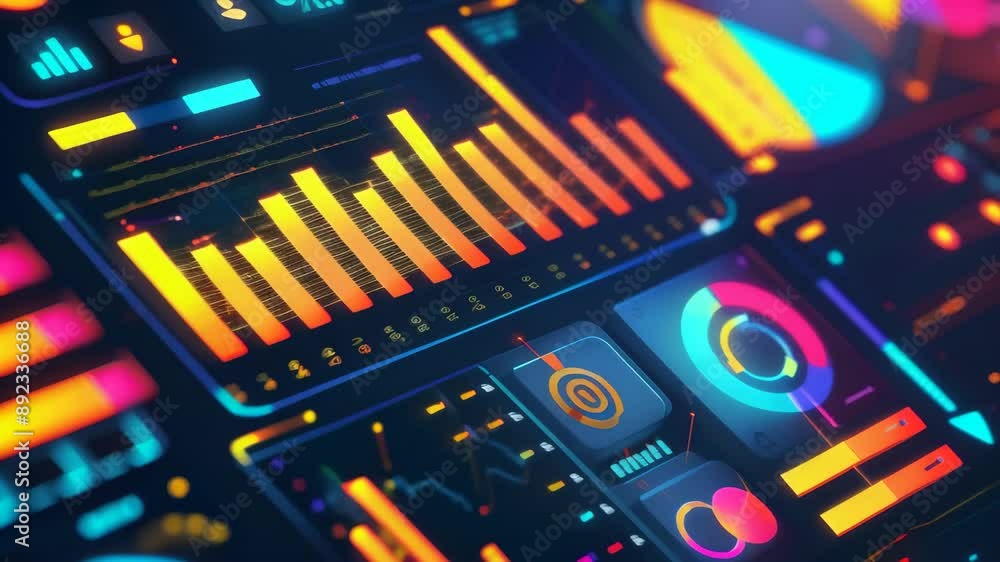 Aufkleber Colorful abstract digital dashboard with various charts and graphs. Representing data analytics, technology, and information visualization. Ideal for concepts of big data and business intelligence 