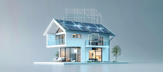 A 3D rendering of a futuristic smart home with solar panels and digital diagrams depicting real-time energy data collection
