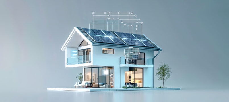 A 3D rendering of a futuristic smart home with solar panels and digital diagrams depicting real-time energy data collection