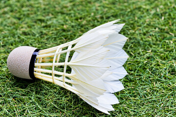 Man is playing tennis on field with shuttlecock. badminton ball concept. a tennis player lies on the grass with a shuttle. a shuttlecock lies on the grass next to a lifestyle field of tennis.