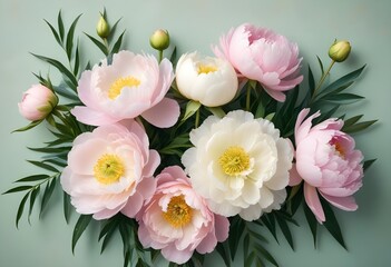 Flat lay of pink and white peonies with green leaves on a pastel green background, perfect for a spring, wedding, or feminine design.