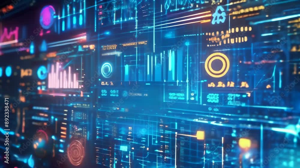 Leinwandbilder Futuristic digital dashboard with neon charts and graphs. Representing data analytics, technology, and information visualization. Ideal for themes of business intelligence and big data analysis 
