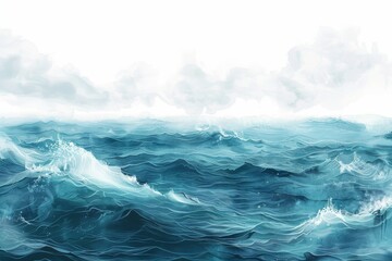 A watercolor illustration of a stormy sea with white clouds in the sky. Children's Book Illustration