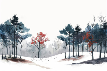 Watercolor illustration of a winter forest with a single red tree and a flock of birds flying. Children's Book Illustration