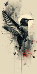 Dynamic illustration of a hummingbird flying with a city skyline backdrop, featuring abstract geometric and artistic elements