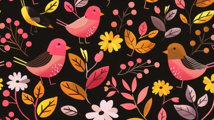 Playful Little Birds in Bold Dark Pink and Amber, Whimsical Folk Art Illustration, Colorful Gardens, Naive Art Style on Black Background