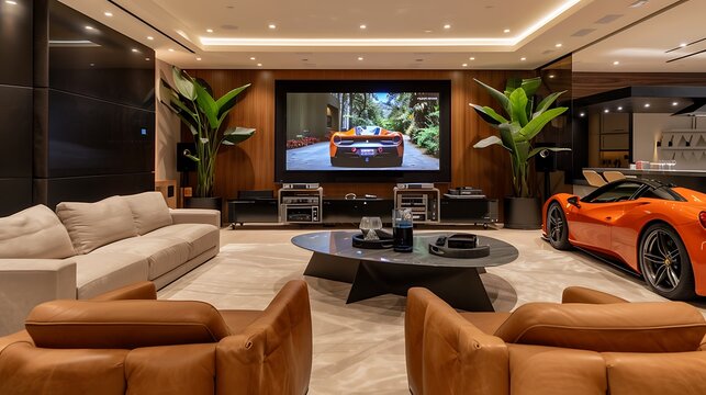 Contemporary garage lounge with modular furniture, home entertainment systems, flat-screen TVs, surround sound speakers, comfortable seating, and a relaxing ambiance