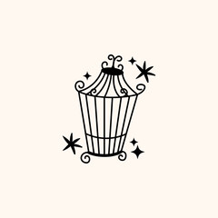 Set of different outlined cages. Line art ornamental bird cages collection, metal animal transport handing cages. Vector modern illustration isolated on background