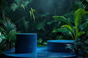 Blue Display Platforms in Lush Jungle Setting with Greenery and Natural Tropical Ambiance for Outdoor Presentations Copyspace