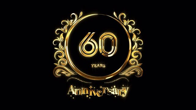 60th Anniversary Celebration. Golden 60 Years Anniversary Animation in Gold Color on the Transparent Background, Alpha Channel. Great for greetings, celebrations, events, and gifts.