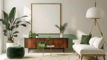 Warm and Cozy Composition of spring living room interior with mock-up poster frame, wooden sideboard, white sofa, green stand, base with leaves, plants, and stylish lamp, Home Decor 
