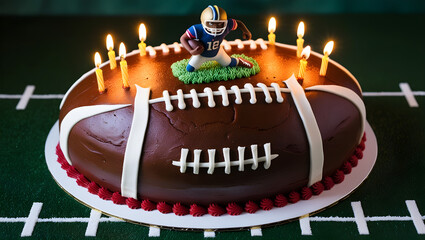 A vibrant and mouthwatering photograph of a birthday cake designed specifically for an American Football enthusiast,generative ai