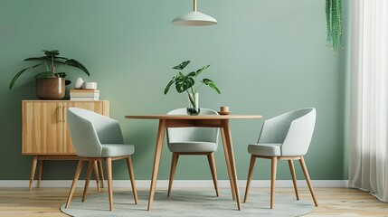 Obraz premium Mint color chairs at round wooden dining table in room with sofa and cabinet near green wall. Scandinavian, mid-century home interior design of modern living room. 