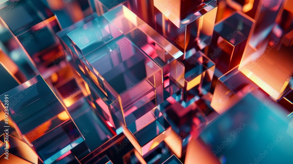 Poster abstract 3d render of floating glass cubes with a reflective surface in warm and cool lighting