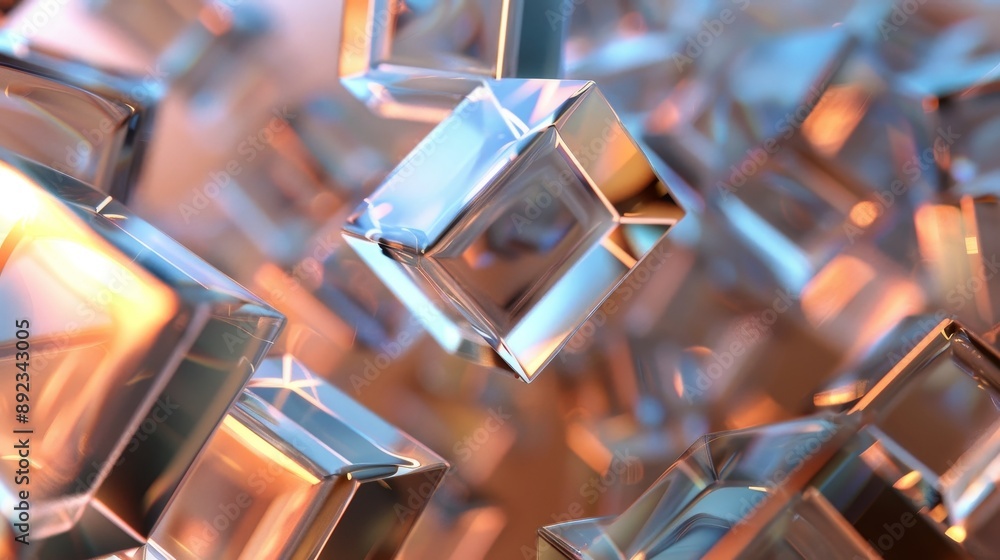 Poster abstract 3d render of floating glass cubes with a reflective surface in warm and cool lighting