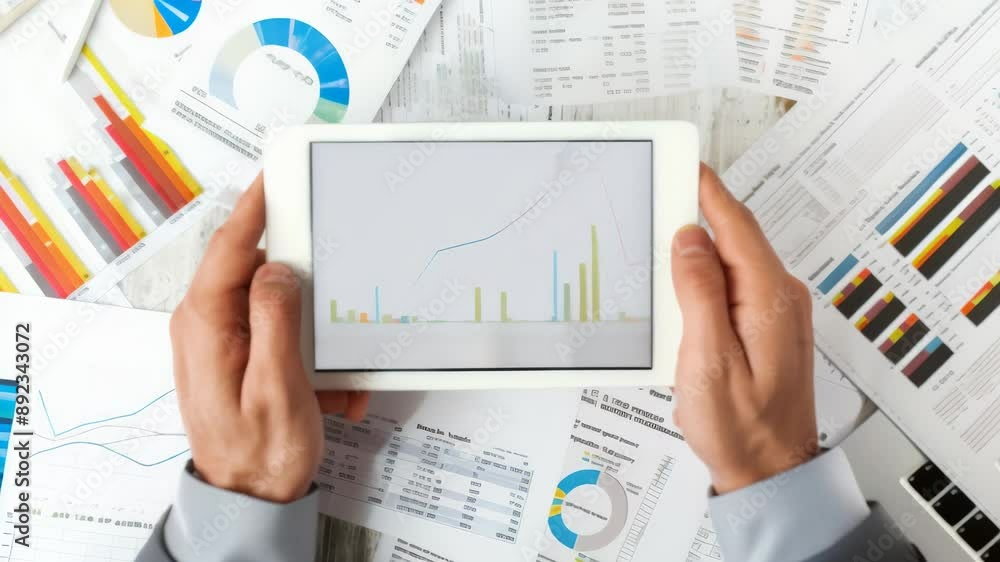 Aufkleber Businessperson holding a tablet with colorful financial charts, surrounded by printed reports and graphs. Office setting with focus on data analysis. Ideal for financial planning business strategy 