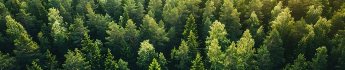 A stunning aerial view of a lush, green forest during summer. Free copy space for text.