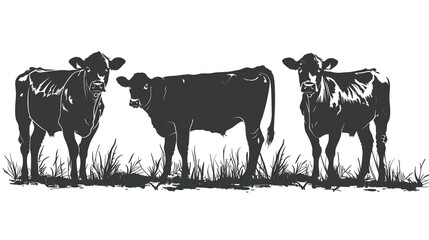 Three black silhouette cows standing in grass. Dairy or beef cattle illustrated in profile view. Farmyard scene in simple monochrome style isolated over blank transparent background
