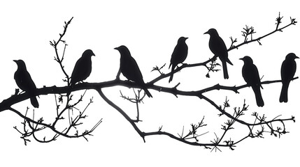 Silhouettes of black birds perched on bare tree branches. Black and white minimalist illustration of avians resting together on twigs, over a transparent blank background