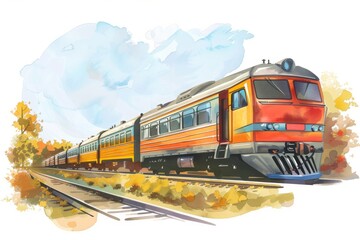 Obraz premium A watercolor illustration of a passenger train traveling through a scenic autumnal landscape. Children's Book Illustration