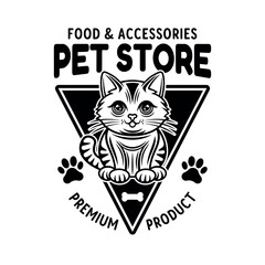 Pet store vector emblem concept with cute cartoon cat character illustration in black style isolated on white background