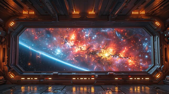 A luxurious spaceship interior with a cosmic view. Generative AI