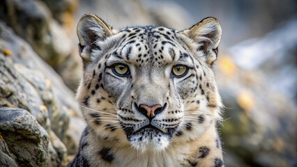 Obraz premium Majestic snow leopard's whiskered face and piercing eyes fill the frame, set against a rugged rocky mountain backdrop with minimal vegetation.