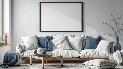 Rustic sofa with white and blue pillows against wall with big blank mock up poster frame. Scandinavian home interior design of modern living room 