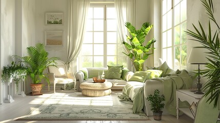 Fototapeta premium Light living room with green houseplants and furniture