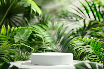 Obraz premium Elegant White Display Platform with Greenery Decor for Modern and Minimalist Natural Presentation