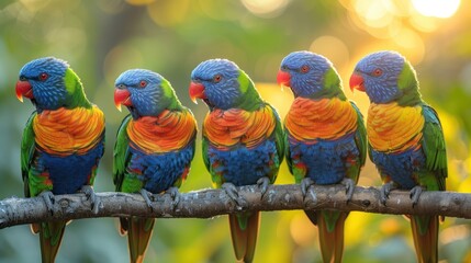 Colorful Rainbow Lorikeets Perched on a Branch