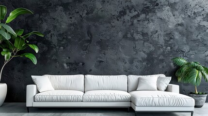 Modern interior design of living room with white sofa and empty black concrete wall background. 